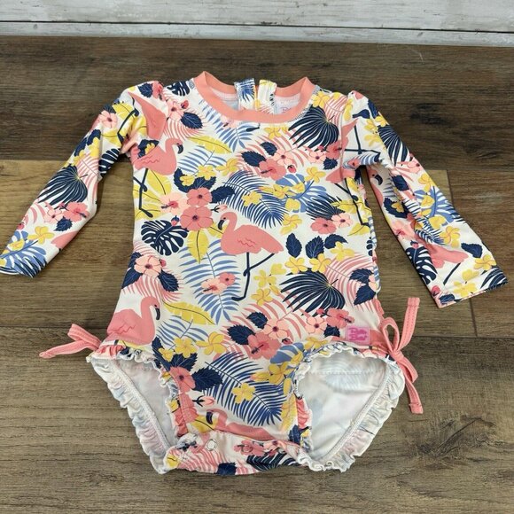Ruffle Butts Girl’s 18-23 Months UPF 50+ Zip One Piece Swimsuit Flamingos Floral - Picture 1 of 5